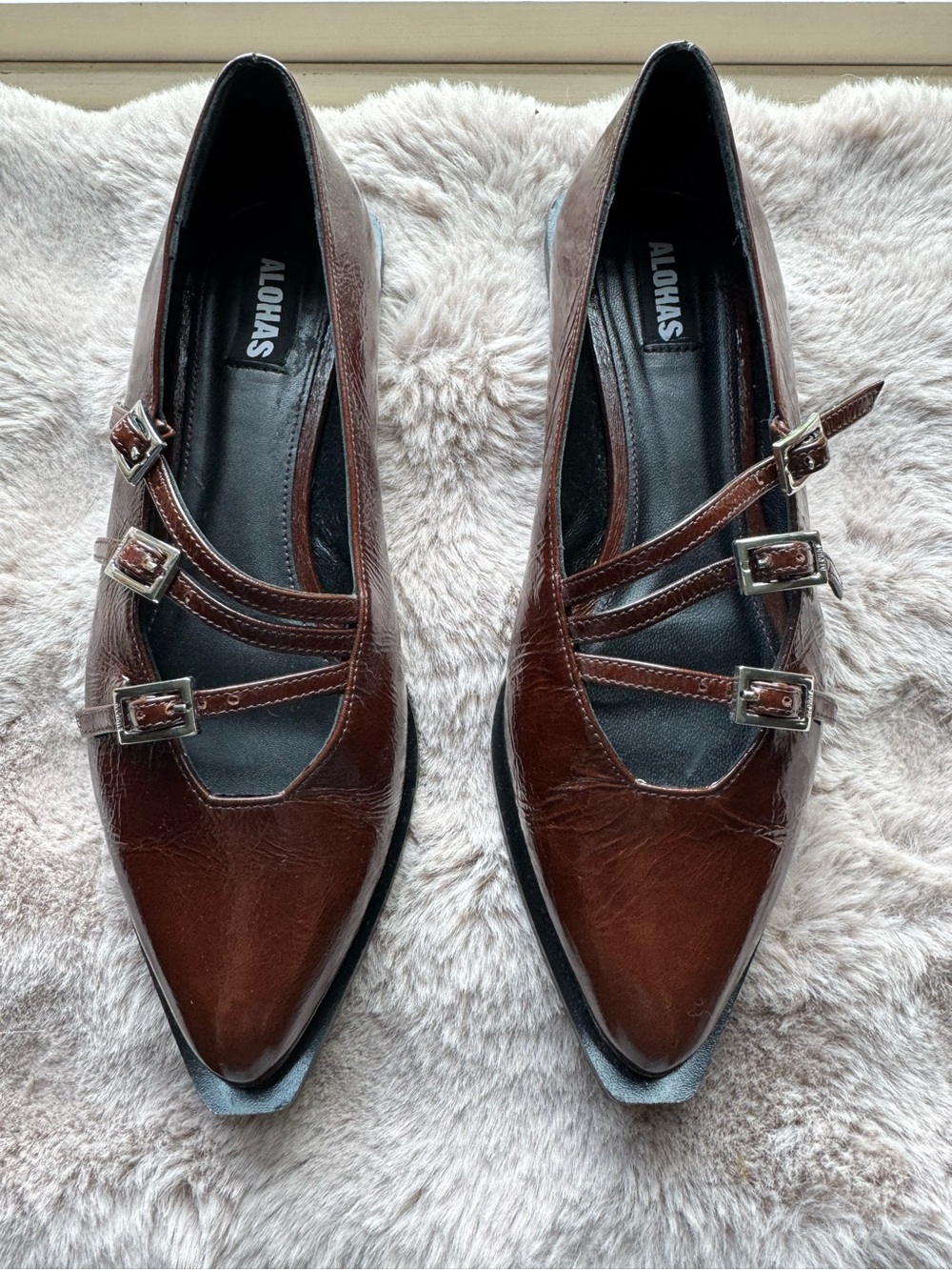 ALOHAS Brown Triple-Strap Pointed Mary Jane Loafers